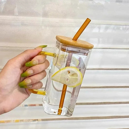 Elegant Glass Mug with Bamboo Lid & Reusable Straw – Modern Eco-Friendly Drinkware Cup