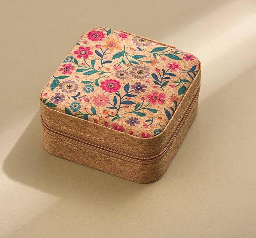 Floral Cork Jewelry Storage Box – Compact Travel Organizer Case