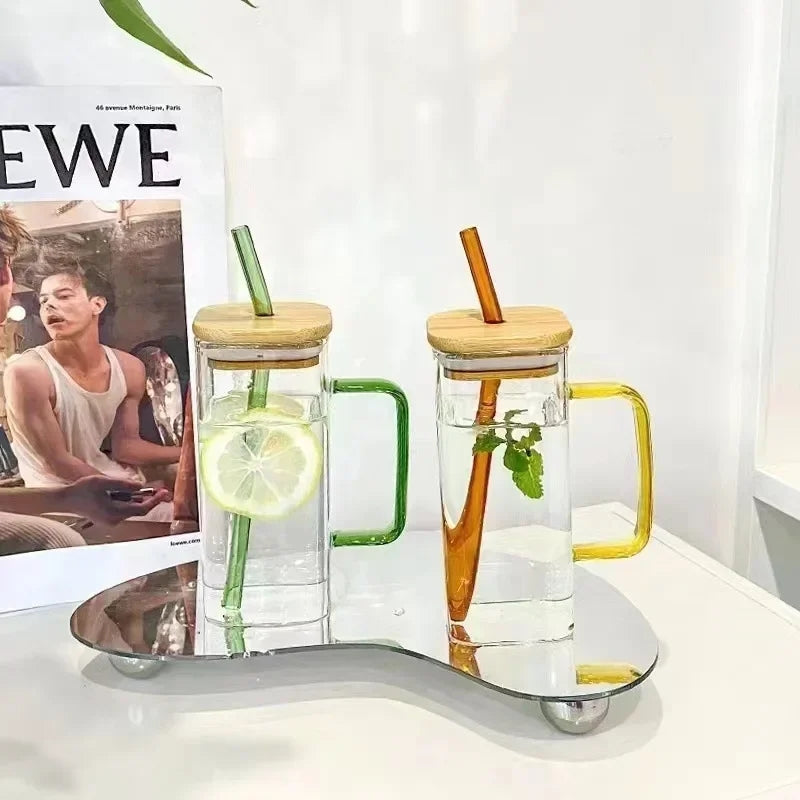 Elegant Glass Mug with Bamboo Lid & Reusable Straw – Modern Eco-Friendly Drinkware Cup