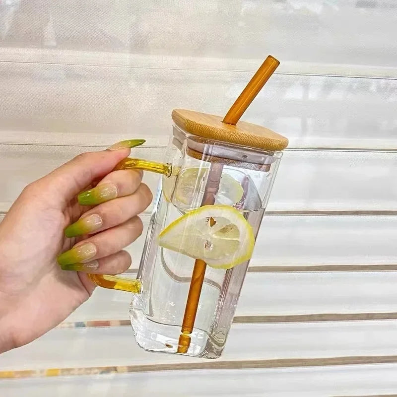 Elegant Glass Mug with Bamboo Lid & Reusable Straw – Modern Eco-Friendly Drinkware Cup