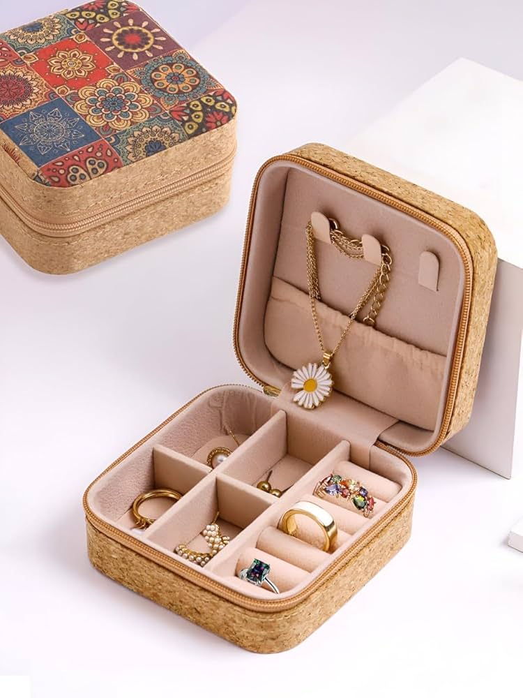 Floral Cork Jewelry Storage Box – Compact Travel Organizer Case