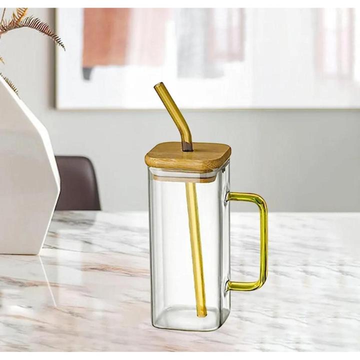 Elegant Glass Mug with Bamboo Lid & Reusable Straw – Modern Eco-Friendly Drinkware Cup